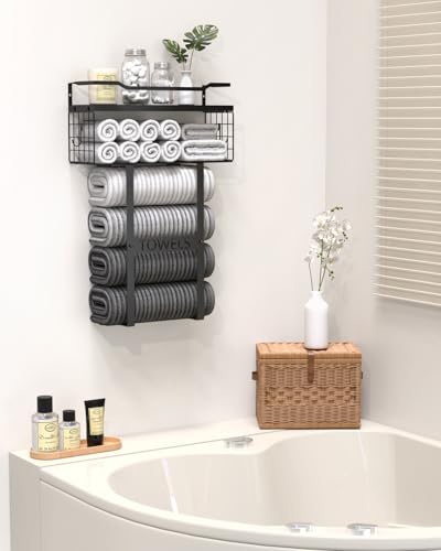 Aetyord Towel Racks for Bathroom Wall Mounted Towel Storage Organize | Towel Storage with Wood Shelf & Metal Basket,Fit for Small Bathroom,Camper,Rv,All Black