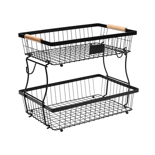 Fruit Basket Bowl 2 Tier Detachable with 2 Banana Hangers, Fruit Stand Holder for Kitchen Countertop, Metal Wire Vegetable Storage Organizer, for Bread Snack Veggies Produce, Black