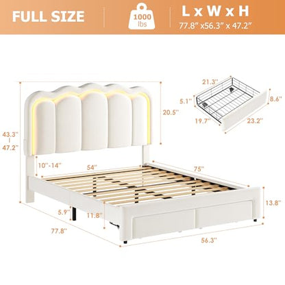 Full Upholstered LED Bed Frame with 2 Storage Drawers and Adjustable Chic Double Wavy Headboard, Velvet Princess Platform Bed with Charing Station, Solid Wood Slats Support,No Box Spring Needed,Beige