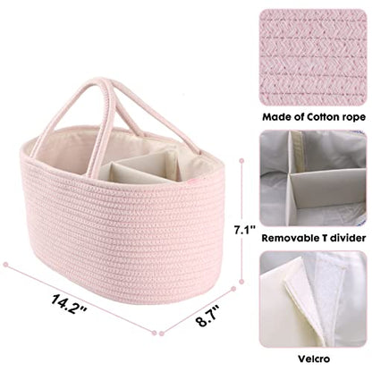 XUANGUO Pink Cotton Rope Baby Diaper Caddy Organizer Basket for Girls | Nursery Storage Bin, Portable Baby Tote Bag for Changing Table or Car, Baby Shower Gifts Bag, Newborn Essentials, Registry