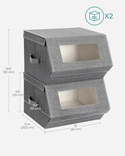 SONGMICS Stackable Storage Bins Set of 2, Storage Boxes with Lids and Front Windows, Non-Woven Fabric Closet Organizers with Magnetic Closures, Side Handles, Dark Gray URPLB02G