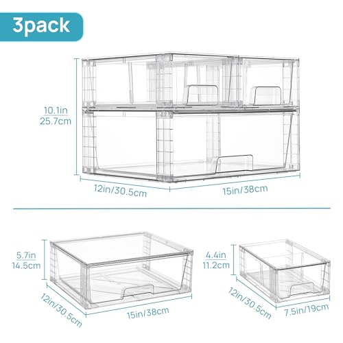 Vtopmart Clear Stackable Storage Drawers, 3 Pack Wide Organizer Set | Wide and Small Pull-Out PET Drawers with Stackable Design for Bathroom Organization, Cabinets, Closets, Pantry and Medicine