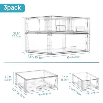Vtopmart Clear Stackable Storage Drawers, 3 Pack Wide Organizer Set | Wide and Small Pull-Out PET Drawers with Stackable Design for Bathroom Organization, Cabinets, Closets, Pantry and Medicine