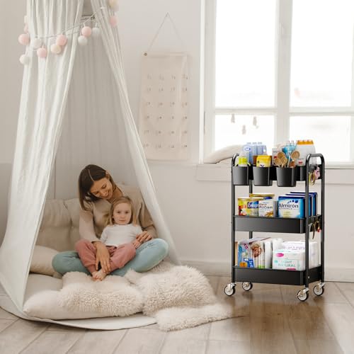 3 Tier Rolling Cart, Heavy Duty Metal Utility Cart with Wheel Black | Sturdy Rolling Storage Cart With Hooks & Hanging Cups, Great For Craft, Art Workspace, Kitchen ,Snack And Office Storage