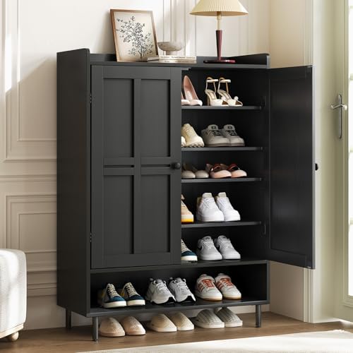 Black 7+1 Tier Farmhouse Shoe Storage Cabinet - 45... (Black)