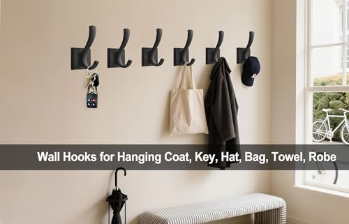 TOFIIGREM Black Towel Hooks, Coat Robe Hooks Bathroom Entryway Mudroom Pool Hooks for Wall Mount Hanging Towels Bathrobe Key Hat Backpack (2 Pack, Black)
