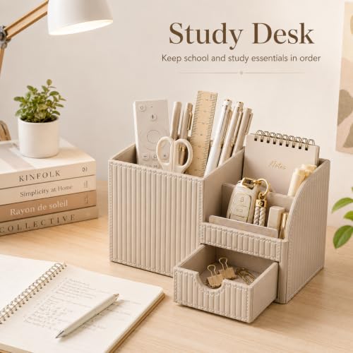 Luxury PU Leather Desk Organizer with Drawer, Modern Aesthetic Office Desk Accessories for Men & Women, Multi-Compartment Pen Holder & Desktop Storage Organizer for Home Office
