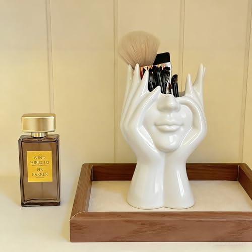 Decorative Face Makeup Brush Holder, White Ceramic... (White | Ceramic)