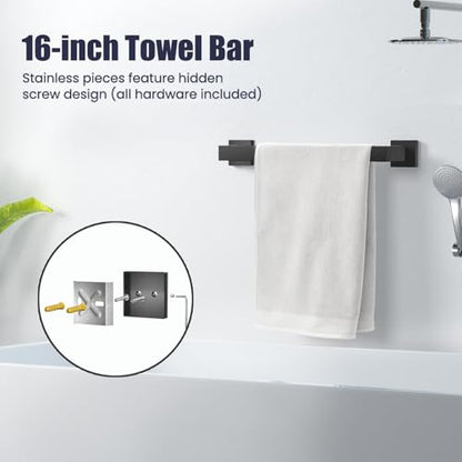 Bathroom Hardware Accessories Set: Bath Towel Bar Set, Towel Racks for Bathroom Wall Mounted, SUS304 Stainless Steel (Matte Black, 7-Pieces)