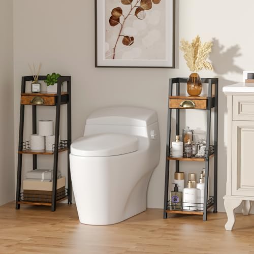 3-Tier Narrow Bathroom Shelves with Drawer, Bathroom Organizers and Storage, Open Floor Ladder Shelf, Freestanding Tower Slim Standing Unit for Small Spaces - Rustic Brown
