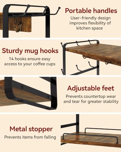 IBUYKE Kitchen Mug Cup Holder,2 Tier Coffee Bar Organizer,Brown TBJ006H | Coffee Bar Station Countertop Organizer Coffee Mug Stand with 18 Hooks,Multifunctional Mug Tree for Home Kitchen Office