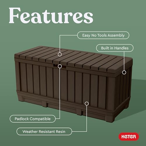 Keter Kentwood 92 Gal Outdoor Storage Box for Patio and Pool Accessories | Brown, Resin, Large, Weatherproof, Lockable, Durable, Easy Assembly, Organization, Patio Cushions Storage