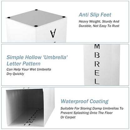 Metal Umbrella Stand Holder, 16.5x6.3x6.3inch Square Free Standing Umbrella Rack Decorative Umbrella Holder Bin Multipurpose Walking Sticks Holder for Umbrella Cane Entryway (White)