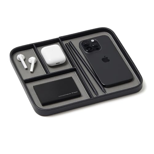 Nordik Leather Valet Tray - Medium EDC Tray - Pebble Black (9.5 x 7.9 in) | Premium Vegan Leather with Two-Toned Design, Includes Four Compartments, Giftable, Catchall Tray for Keys Watch and Jewellery