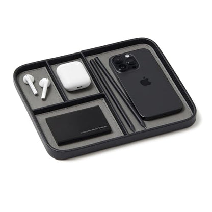 Nordik Leather Valet Tray - Medium EDC Tray - Pebble Black (9.5 x 7.9 in) | Premium Vegan Leather with Two-Toned Design, Includes Four Compartments, Giftable, Catchall Tray for Keys Watch and Jewellery