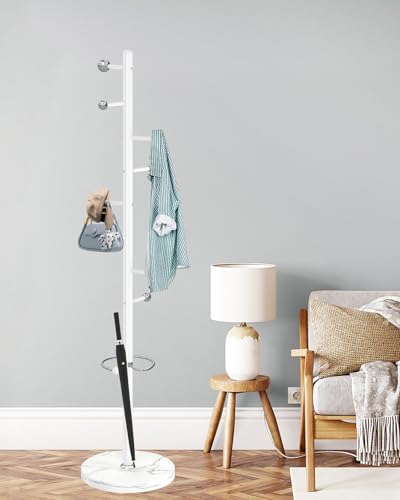 ZOZOE Metal Coat Rack Stand, Modern Coat Rack Freestanding with Natural Marble Base, Sturdy Industrial Coat Racks with 8 Hooks & Umbrella Holder,White Coat Tree Hanger Stand for Entryway,Office