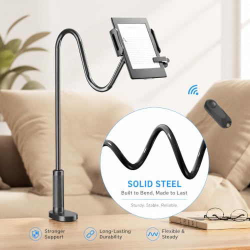 Gooseneck Tablet Holder for Kindle Reading in Bed with Page Turner Remote, Hands Free Desk Bedside Lazy Arm Stand for Kindle Accessories, Gifts for Readers