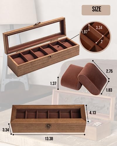 Watch Box for Men and Women - Large Glass Lid, Wooden Display Storage Case With 6 Slots, Retro Burlywood Organizer