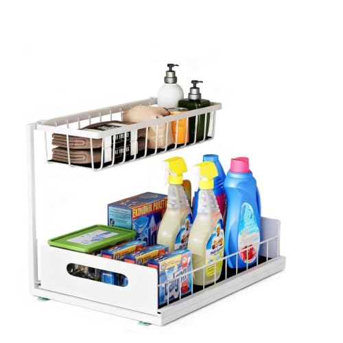 Under Sink Organizer, 2 Tier Pull-Out Cabinet Stor... (1 Pack-White | Alloy Steel)