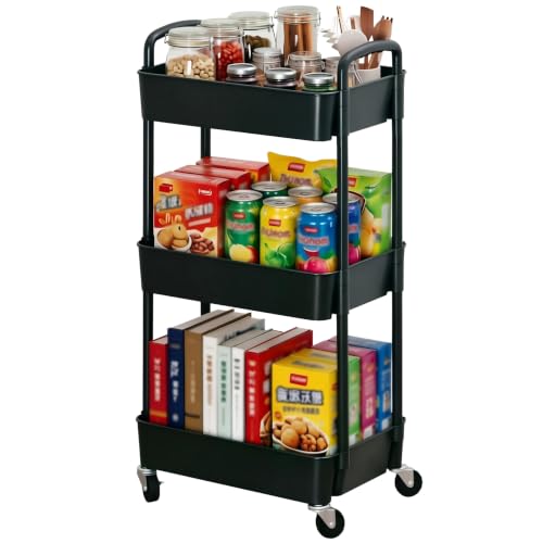 Sywhitta 3-Tier Plastic Rolling Utility Cart with Wheels for Storage,Black | Multi-Functional Storage Trolley, for Office, Living Room, Kitchen, Bathroom,Movable Organizer,Space-Saving,Easy to assemble
