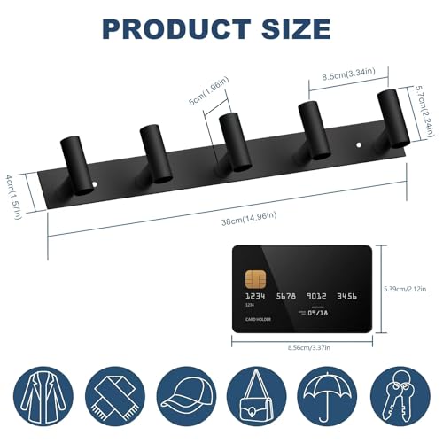 VAEHOLD Black Hat and Coat Wall Mount Rack 5 Hooks for Robes, Bags, Keys, and Towels Bathroom Towel Hanger Organizer (1 Pack)