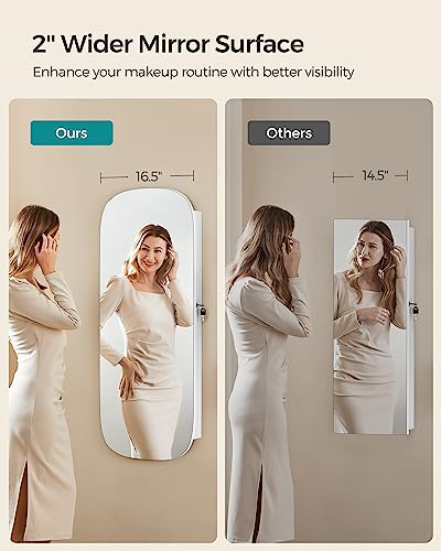 SONGMICS Jewelry Organizer, LED Jewelry Cabinet Wall/Door Mounted, Lockable Rounded Wide Mirror with Storage, Interior Mirror, 3.9 x 16.5 x 42.5 Inches, White Surface with Greige Lining