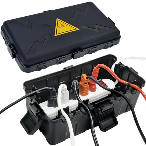 Hrensaw Medium Outdoor Electrical Box(10.6x5.5x4.5inch),Weatherproof Connection Box w/6 Cable Entry,IP54 Waterproof Extension Cord Cover Protect Power Strip,Timer,Plug,Holiday Lights,Black