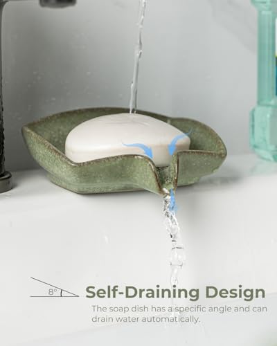 Self Draining Soap Dish, Ceramic Bar Soap Holder with Drainage | Soap Saver with Waterfall Design Soap Tray for Shower, Bathroom, Sink, Kitchen and Countertop, Farmhouse Kitchen Decor, Green