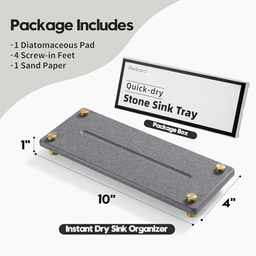Kitchen Sink Caddy Water Absorbing Stone Drying Tray, Diatomite Bathroom Sink Organizer, Faucet Counter Mat Coaster, Soap Dish Rack Riser Dispenser Sponge Holder, Dark Gray Gold 10" x 4"