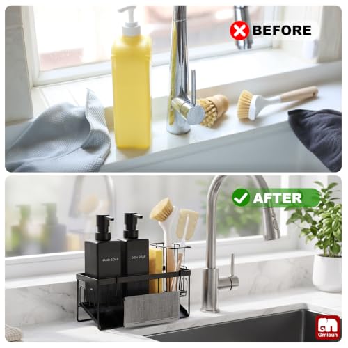 GMISUN Dish Soap Dispenser, 12 fl oz / 350 ml Dual Kitchen Soap Dispensers with Sponge Holder, Customized Matte Black Kitchen Soap Dispenser Set, Modern Hand and Dish Soap Bottle Set Removable