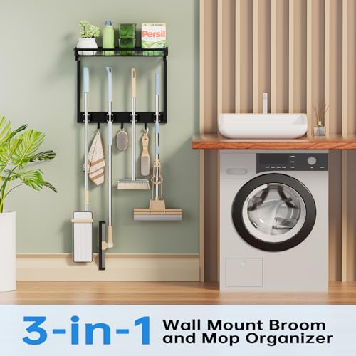 Broom Holder Wall Mount, Mop Organizer with Cleaning Tools Storage Shelf | Sturdy Metal Barn Cleaning Supplies Holder Gripper Hooks, Utility Hanger Closet Organizer for Home Improvement Garage Kitchen