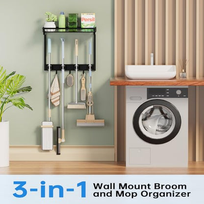 Broom Holder Wall Mount, Mop Organizer with Cleaning Tools Storage Shelf | Sturdy Metal Barn Cleaning Supplies Holder Gripper Hooks, Utility Hanger Closet Organizer for Home Improvement Garage Kitchen