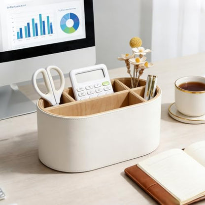 PU Leather Desk Organizer with Multi Compartments, Desktop Caddy Holder for Remote Controls, Pens, Makeup Brushes, Office Accessories (Beige)