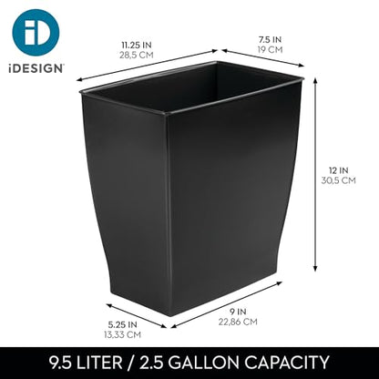 iDesign Small Plastic Bathroom Trash Can, Black | Slim Rectangle, For Bedroom, For Office, For Dorm