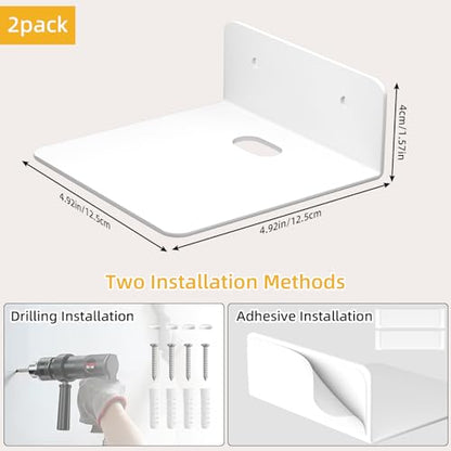 Adhesive Small Shelf for Wall, 4.9" Metal Flaoting Shelves, 2 Pack | Cool White, Aluminum, No Drill, Cable Hole, Wall Display Ledges for Echo Cameras Small Speaker, For Living Room Bedroom Dorm