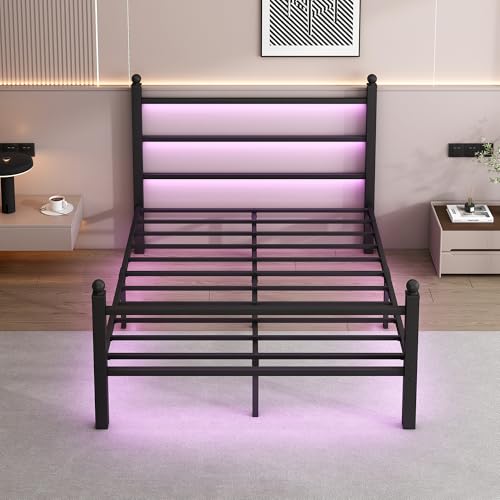 CLIBFENG Full Size Bed Frame with Headboard and Footboard,Steel Slats Support-LED Bed Frame with Charging Station,Mattress Foundation-Under Bed Storage, No Box Spring Needed,Noise Free,Black