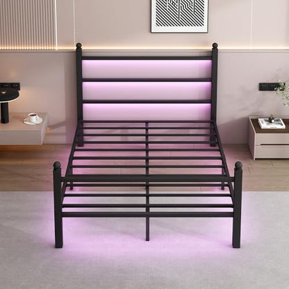 CLIBFENG Full Size Bed Frame with Headboard and Footboard,Steel Slats Support-LED Bed Frame with Charging Station,Mattress Foundation-Under Bed Storage, No Box Spring Needed,Noise Free,Black