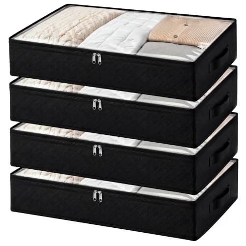 Fixwal Under Bed Storage Bags 4 Pack Underbed Containers for Clothing | Foldable Design, Clear Vinyl Window, Stainless Steel Zipper, Reinforced Handles, Dust-Resistant Under-Bed Use