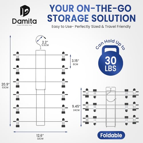 DAMITA Skirt Pants Hangers with Clips Space Saving Hanging Closet Organizer 6 Tiers Hanger with 360° Swivel Hook, Finger-Safe Design- College Dorm Room Apartment Essentials 2-Pack