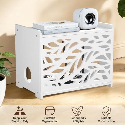 Router Box Hider & Projector Shelf -Decorative WiFi Router Storage Cabinet | Ventilation Cable Management Box Modem & Power Strip Hider Rack Leaf Pattern Cutout, Fits Routers Up to 9.84" Tall (White）