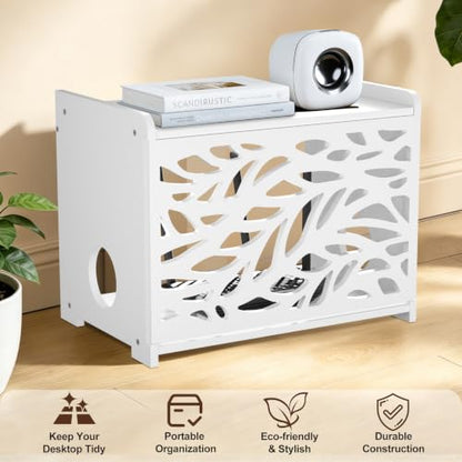 Router Box Hider & Projector Shelf -Decorative WiFi Router Storage Cabinet | Ventilation Cable Management Box Modem & Power Strip Hider Rack Leaf Pattern Cutout, Fits Routers Up to 9.84" Tall (White）