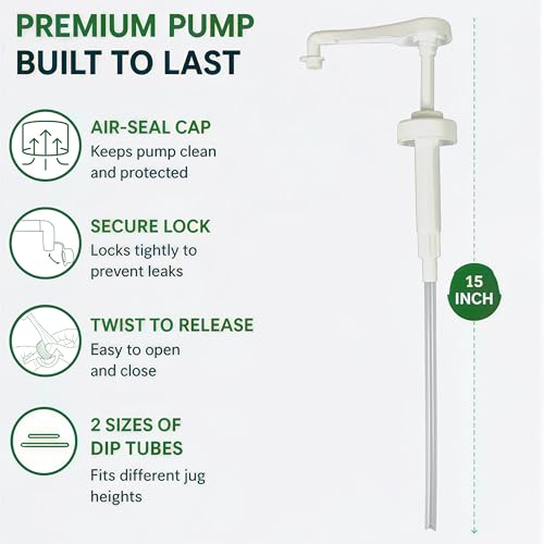 Pump for Gallon Jug & 5 Gallon Bucket, 2pc, White, Leakproof Heavy Duty | Pump Dispenser for Laundry Detergent, Shampoo, Soap, Oil, Snow Cone Syrup, Popcorn Butter, Commercial Household Industrial