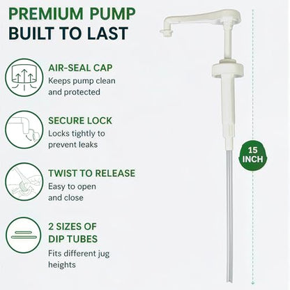 Pump for Gallon Jug & 5 Gallon Bucket, 2pc, White, Leakproof Heavy Duty | Pump Dispenser for Laundry Detergent, Shampoo, Soap, Oil, Snow Cone Syrup, Popcorn Butter, Commercial Household Industrial
