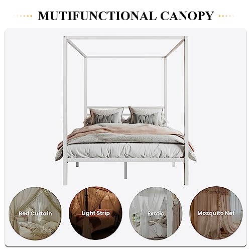 SHA CERLIN Full Size Canopy Bed Frame with Heavy Duty Metal Slats, White
