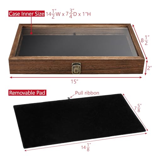 MOOCA Wood Jewelry Display Case with Tempered Glass Top, Black Velvet Pad | Wood display case with a glass top and removable black velvet pad accommodates taller jewelry and collectibles.