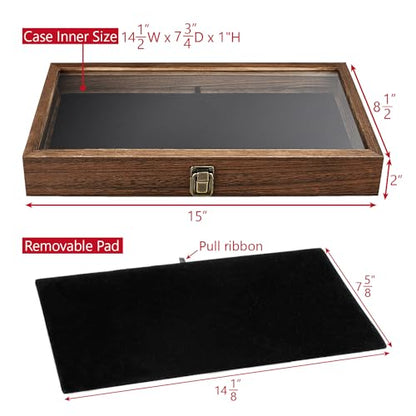 MOOCA Wood Jewelry Display Case with Tempered Glass Top, Black Velvet Pad | Wood display case with a glass top and removable black velvet pad accommodates taller jewelry and collectibles.