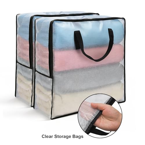 Fasmov 4 Pack Oversized Clear Storage Bag with Handles and Zippers, Vinyl Storage Bag for Comforter, Blanket, Bedding, Duvet, Transparent Moving Tote, Under the Bed Storage, Garage Organizer