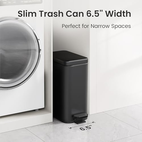 Cesun 2.6 Gallons Small Bathroom Trash Can with Lid Soft Close, Black | Removable Inner Bucket, Small Stainless Steel Garbage Can for Bedroom/Office, Hands-Free Step Pedal, Fingerprint-Resistant