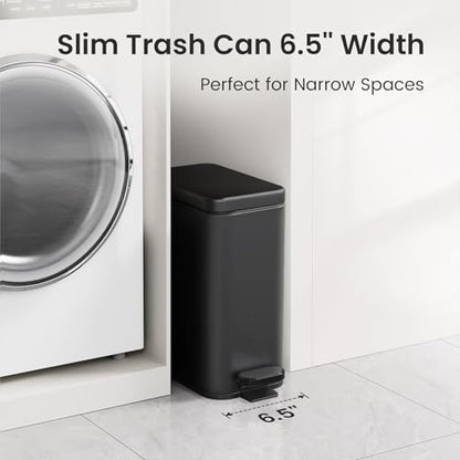 Cesun 2.6 Gallons Small Bathroom Trash Can with Lid Soft Close, Black | Removable Inner Bucket, Small Stainless Steel Garbage Can for Bedroom/Office, Hands-Free Step Pedal, Fingerprint-Resistant