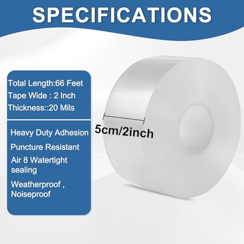 Transparent Window Weather Sealing Tape 2IN x 66 FT Draft Isolation No Residue Removable Adhesive Waterproof Windows Doors Shower Glass AC Units Ideal for Winter Seal & Summer Cold Air Loss Prevention